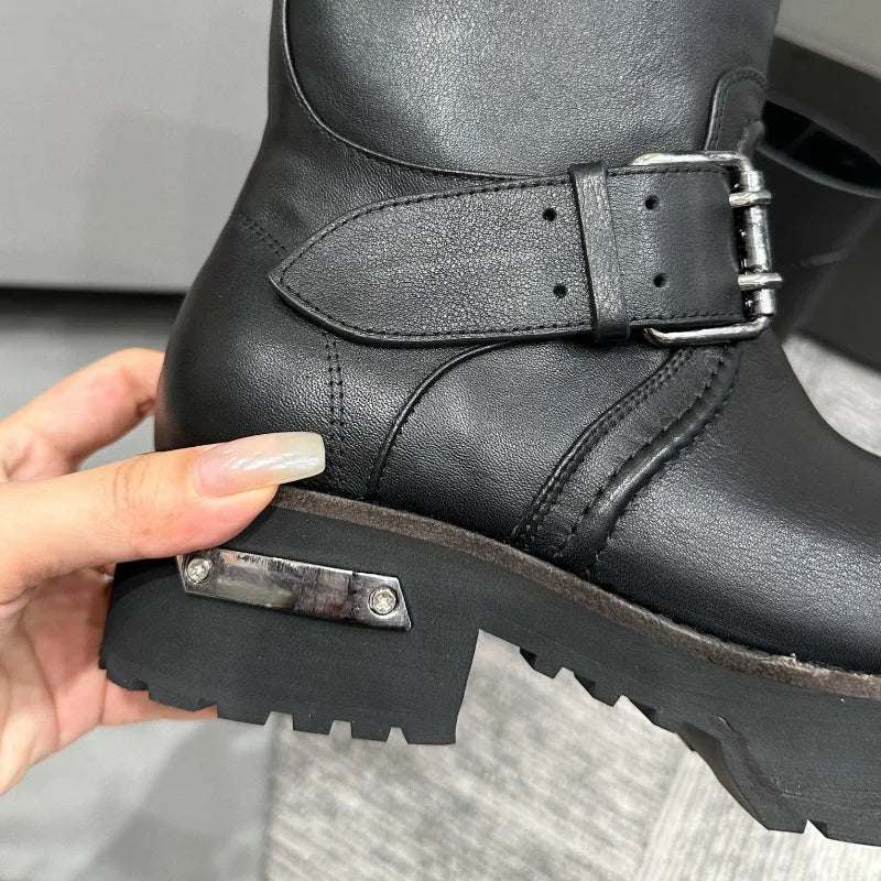 Womens Knee High Buckle Strap Boots Retro Pu Leather Rivet Thick Heel Motorcycle Boots