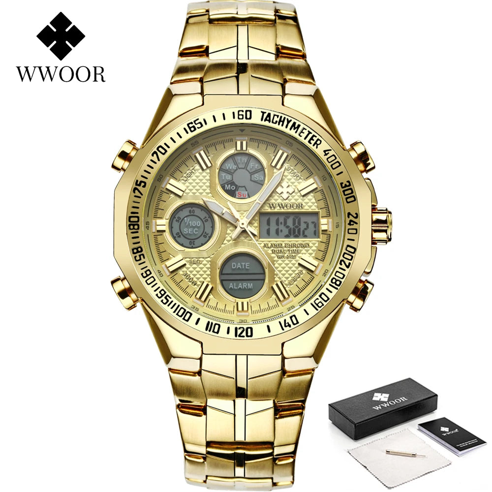 Mens Dual Rich Display Stainless Steel Golden Class Watches
