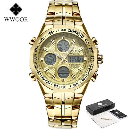 Mens Dual Rich Display Stainless Steel Golden Class Watches
