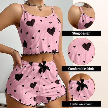 Womens Strawberry Print Pajama Set Long Sleeve Top Shorts
