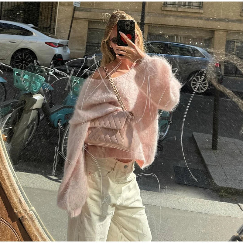 Luxury Seahorse Hair Knit Sweater Retro Loose Fit Warm Pullover For Women Casual Autumn Winter Fashion