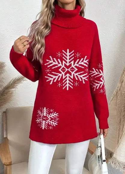 Womens Turtleneck Snowflake Knit Sweater Autumn Winter Style