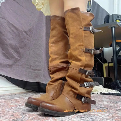 Womens Large Mid Length Retro Boots Buckle Casual Knight Boots For Autumn Winter 2025