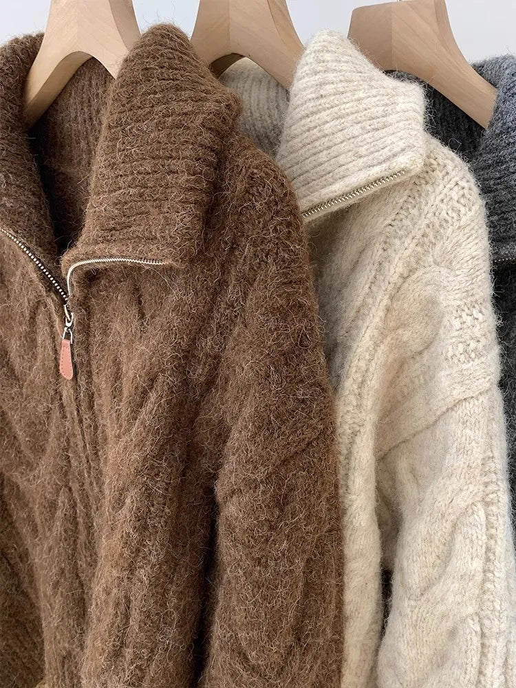 Retro Lazy Style Embroidered Zipper Sweater Chic Autumn Winter Fashion