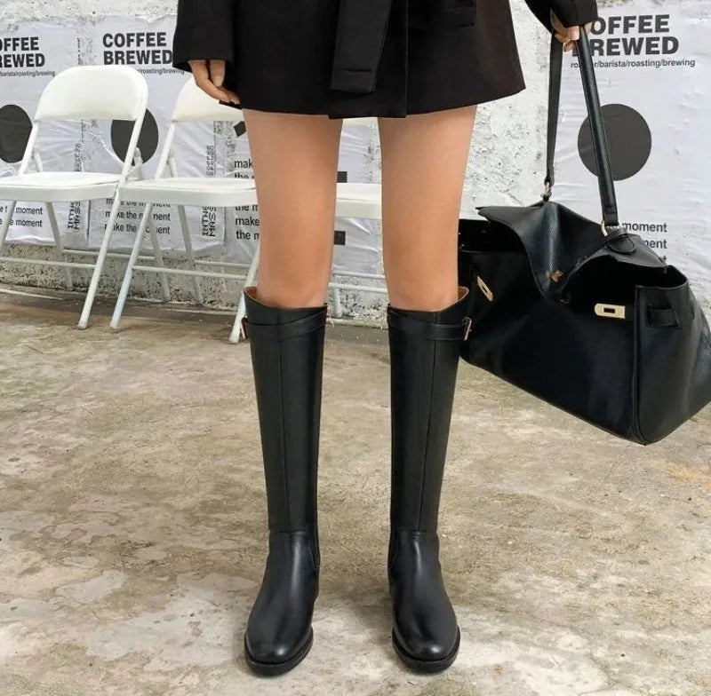 Winter Knee High Brown Boots Square Heel Zip Belt Buckle Gothic Style For Women