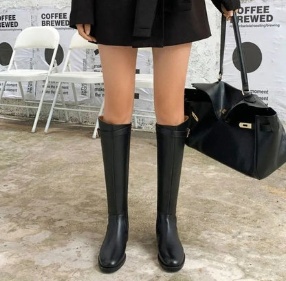 Winter Knee High Brown Boots Square Heel Zip Belt Buckle Gothic Style For Women