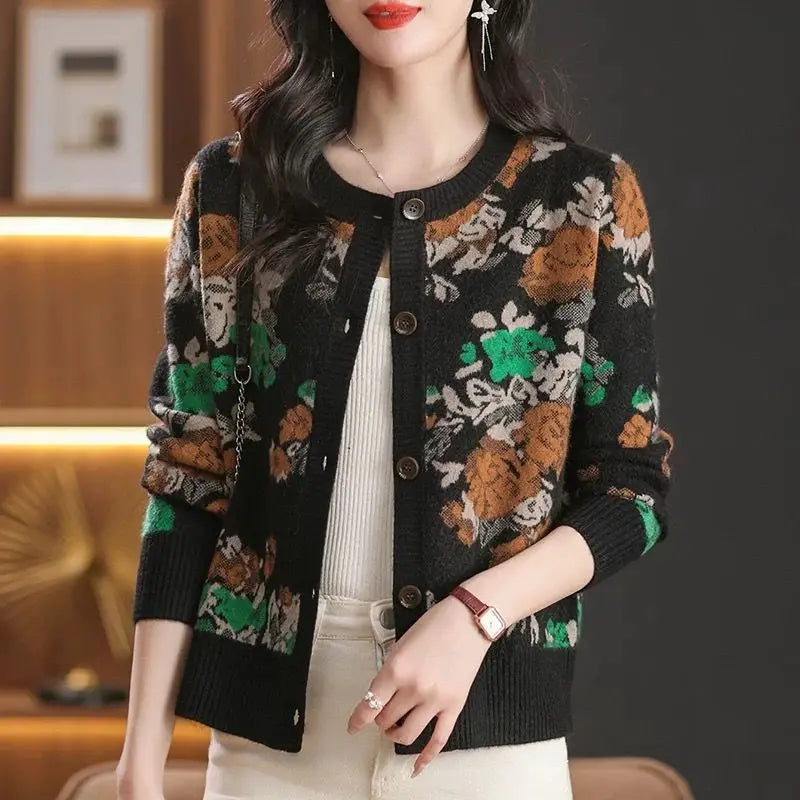 Jacquard Knit Cardigan for Women – 2025 Spring & Autumn Fashion