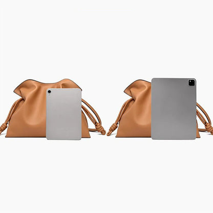 Minimalist Camel Leather Drawstring Shoulder Bag