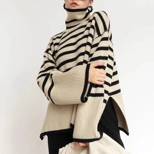 Loose Fit Striped Turtleneck Winter Sweater For Women