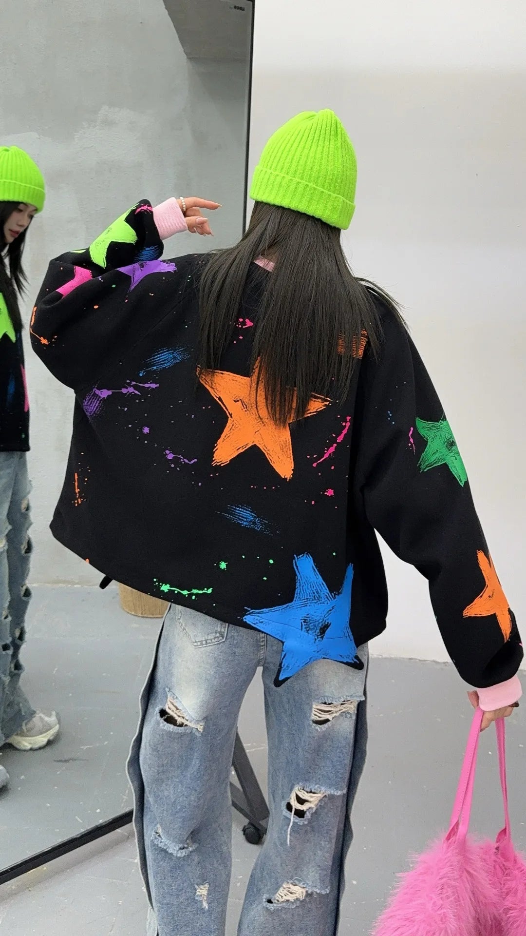 2025 Mens Fleece Sweater Long Sleeve Warm Loose Fit Pullover Multi Color Printed Korean Fashion