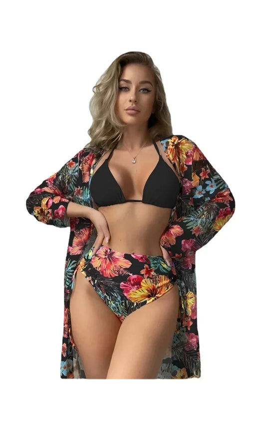 Tropical Floral Print 3-Piece High Waist Bikini and Kimono Set Aesthetic
