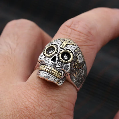 Mexican Style 925 Sterling Silver Gold Skull Head Ring