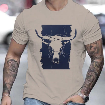 Bull Horns Skull Print Western Themed T Shirts