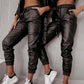 Womens Elastic Waist Straight Faux Leather Trousers Pants