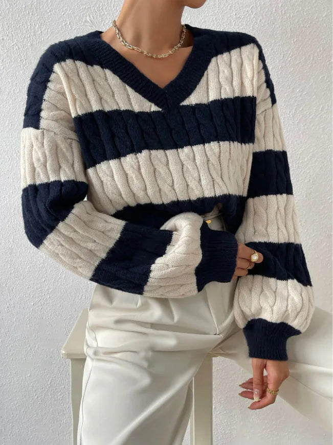 2025 Womens Stripe Knitted Sweater Long Sleeve V Neck Cropped Top Loose Fit Spring Versatile Warm Knit