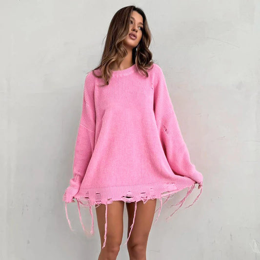 2025 Women's Pink Woolen Short Dress – Casual Loose Long Sleeve Round Neck Summer Fashion