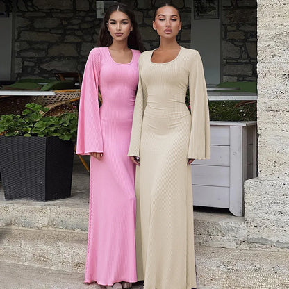 Quiet Luxury Aesthetic - Elegant Ribbed Bell Sleeve Maxi Dress