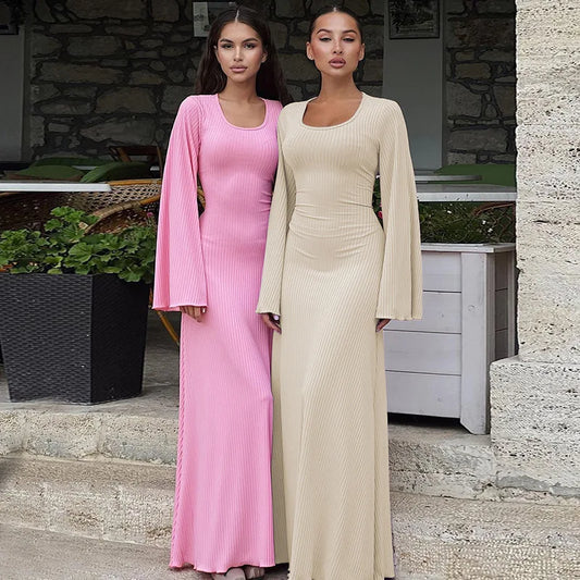 Quiet Luxury Aesthetic - Elegant Ribbed Bell Sleeve Maxi Dress