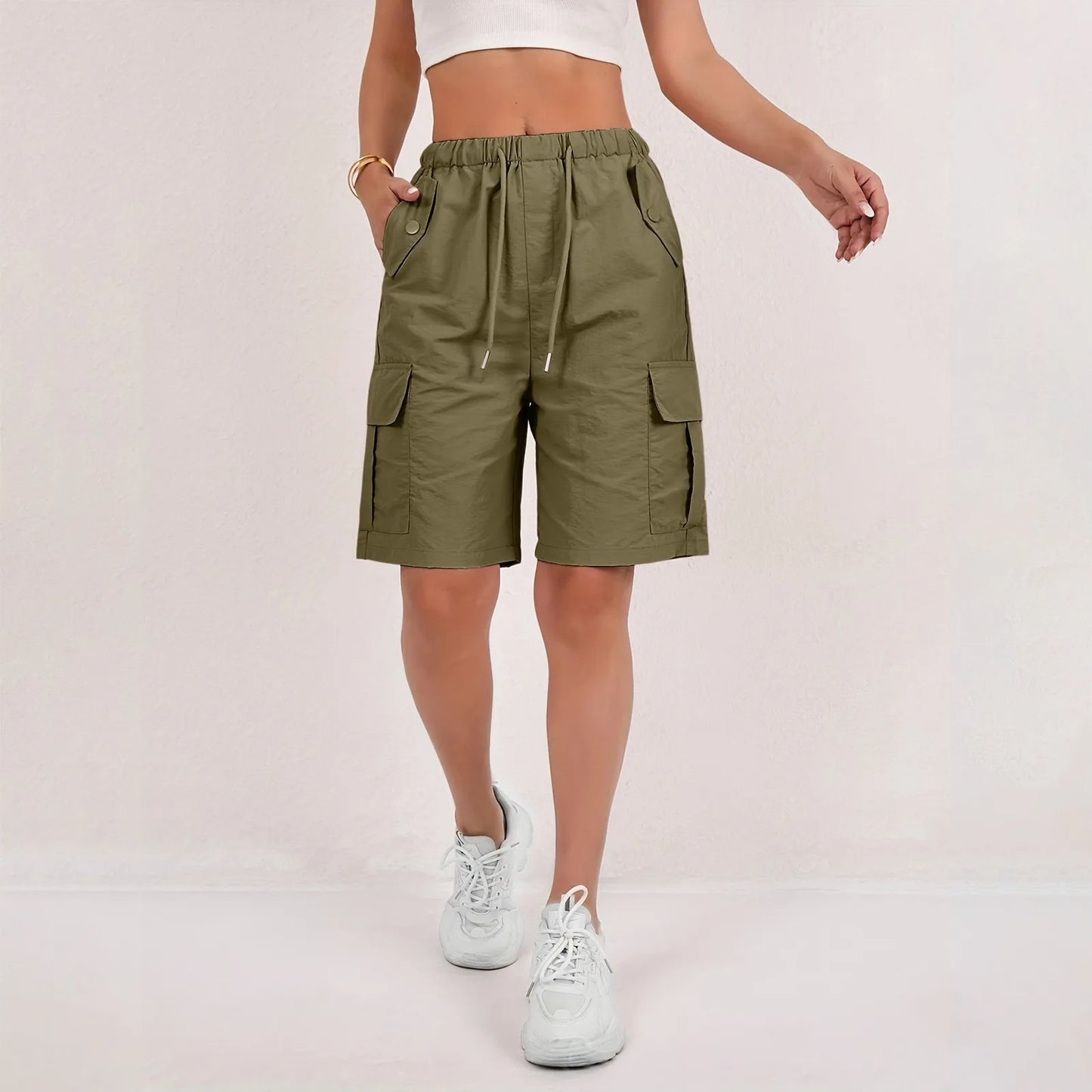 Elastic Waist Flap Pocket Cargo Shorts For Women