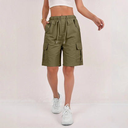 Elastic Waist Flap Pocket Cargo Shorts For Women