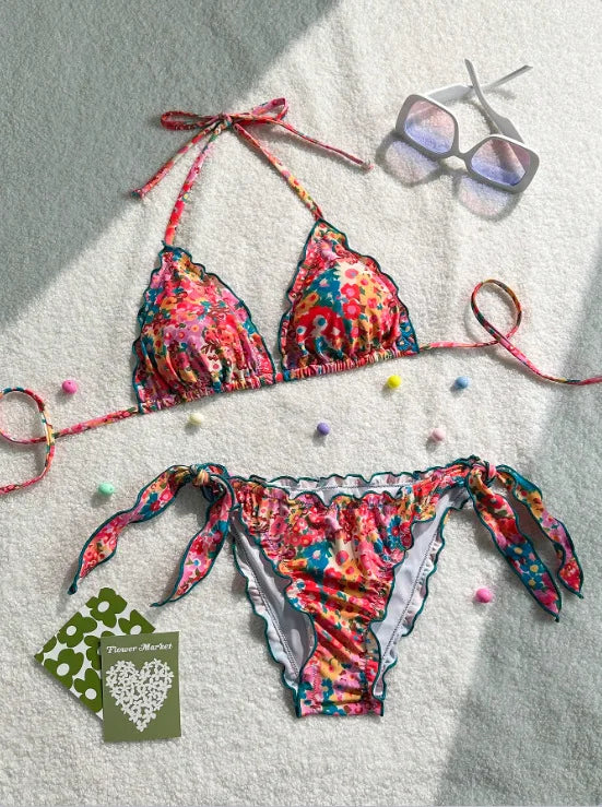 2025 Summer Pleated Bikini Set For Women Two Piece Triangle Swimsuit Halter Bathing Suit