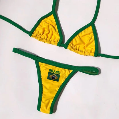 Embroidery Letter Brasil Bikini Set - Color Contrast Patchwork Swimsuit for Women, Summer Beachwear 2025