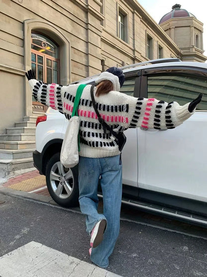 Womens Bold Black Striped Knit Sweaters