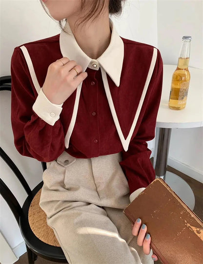 Korean Style Preppy Long Sleeve Shirt – Color Block Lapel Slimming Loose Fit Top for Women, Spring & Autumn Fashion