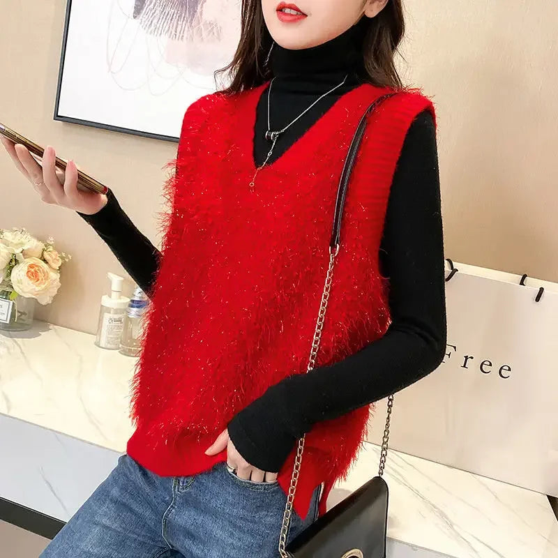 Women Red Knit Cropped Sleeveless Vest