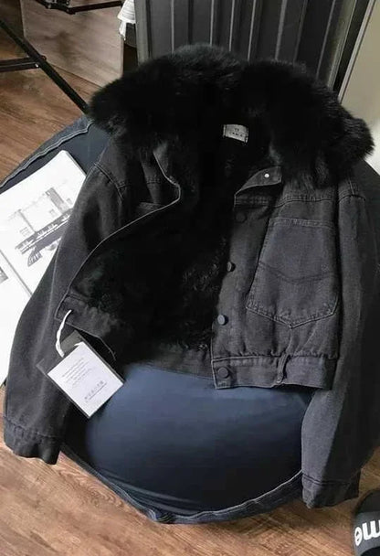 Furry Plush Neck Denim Jackets