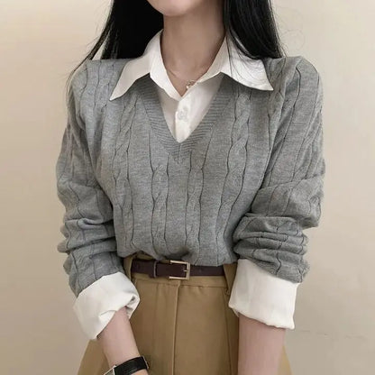 Chic Autumn Style Fake Two Pieces Long Sleeve V-Neck Sweaters