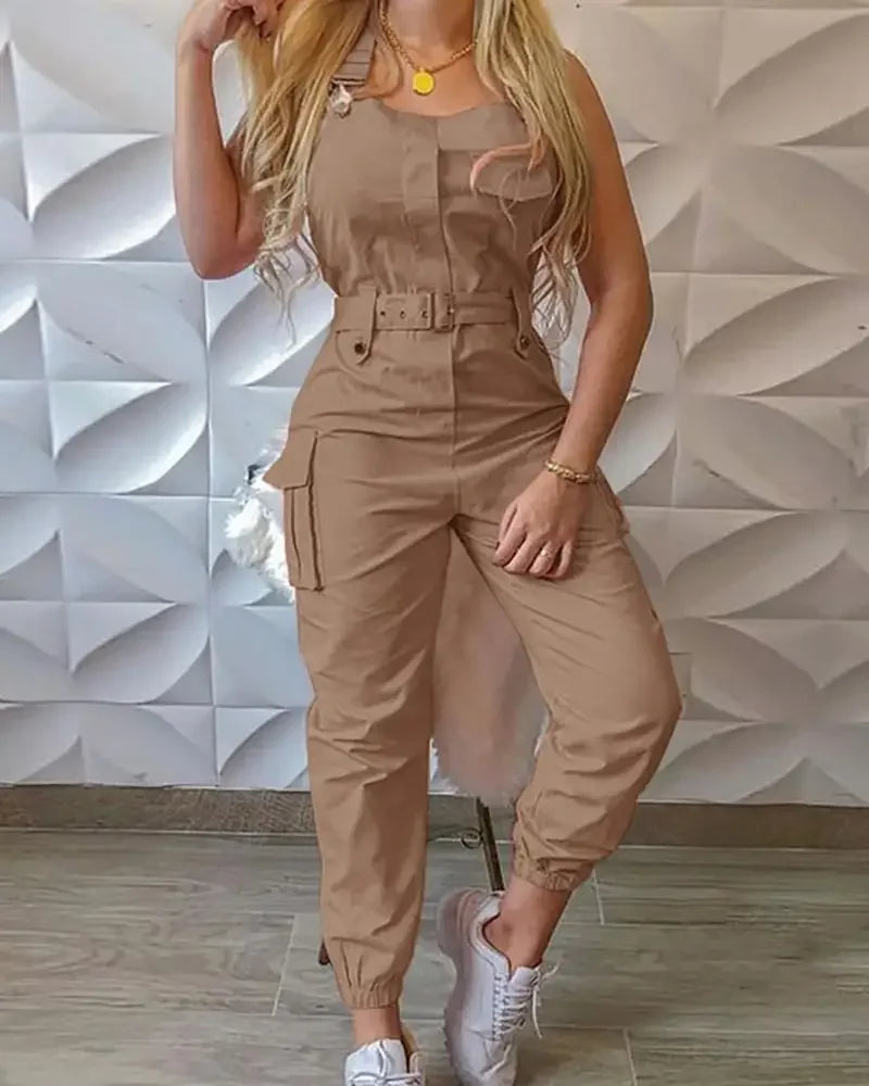 2025 Women S Casual Cargo Jumpsuit Sleeveless O Neck Playsuit With Pocket Belt Loose Pencil Pants