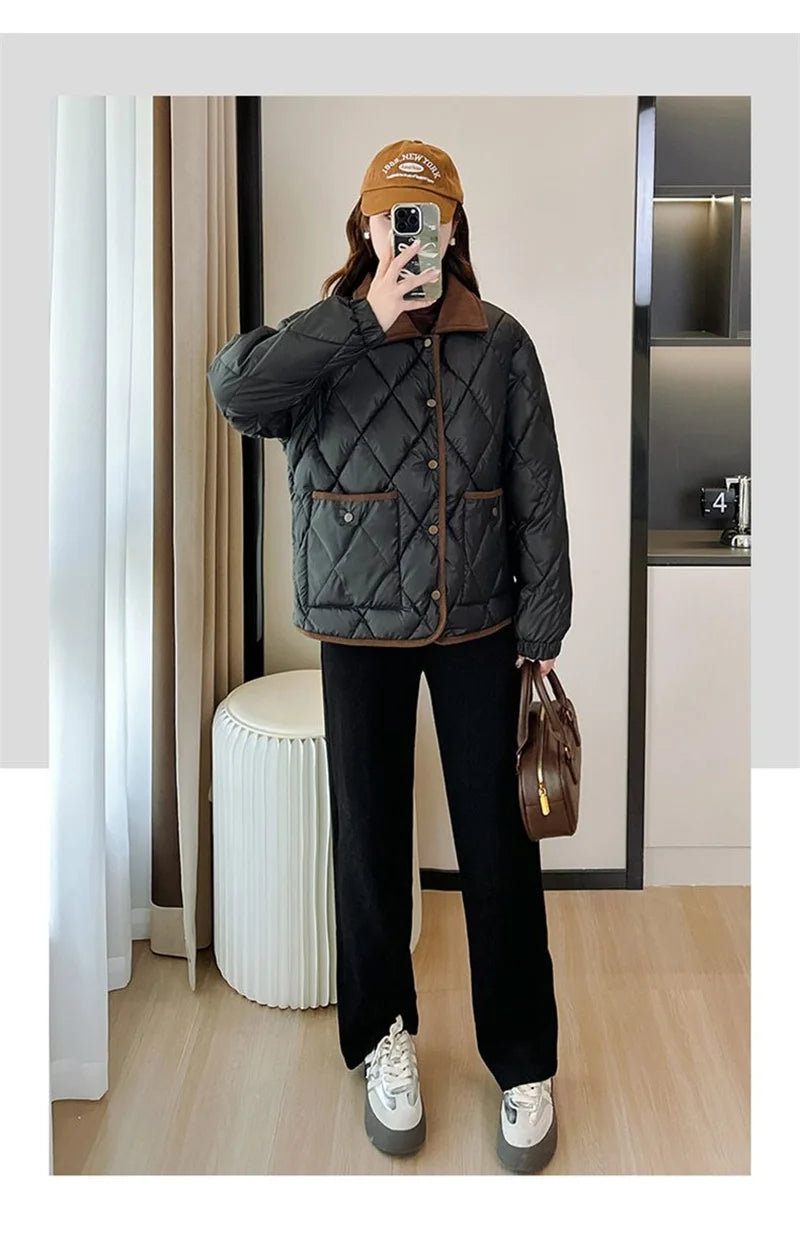 Quilted PU Leather Short Coat – Warm Rhombic Lattice Winter Jacket for Women