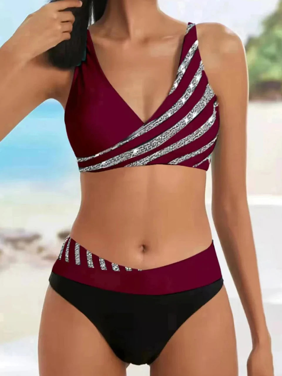 Black and Silver Glitter Striped Bikini Aesthetic