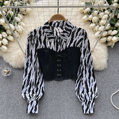 Zebra-Stripe Bandage Blouse: Elegant Korean Fashion for Women