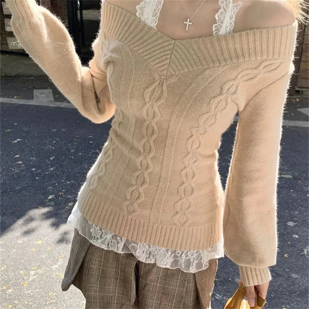 Off-The-Shoulder Grey Cable Knit Sweater Aesthetic