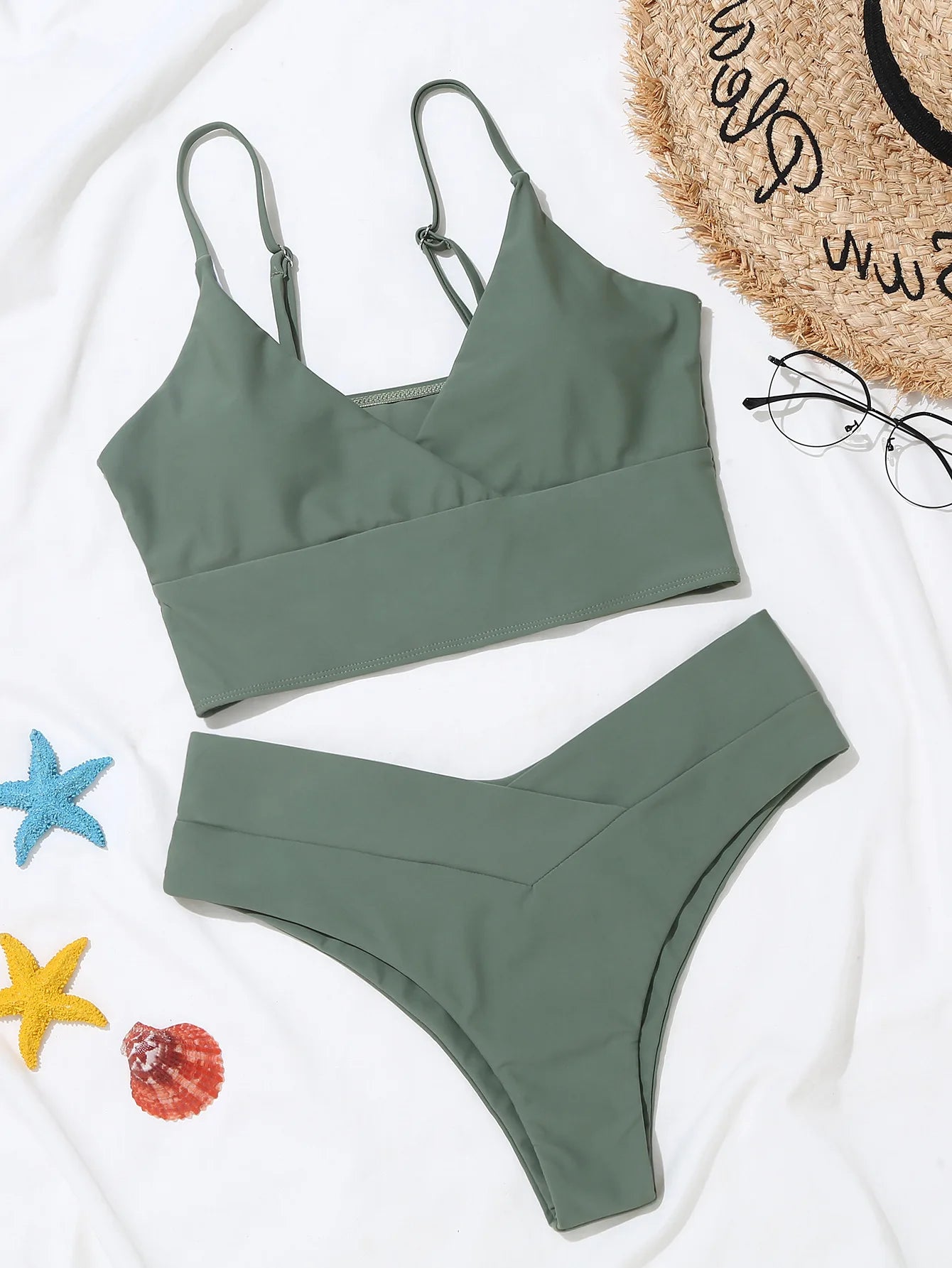Olive Green Twist Front V-Waist Bikini Aesthetic