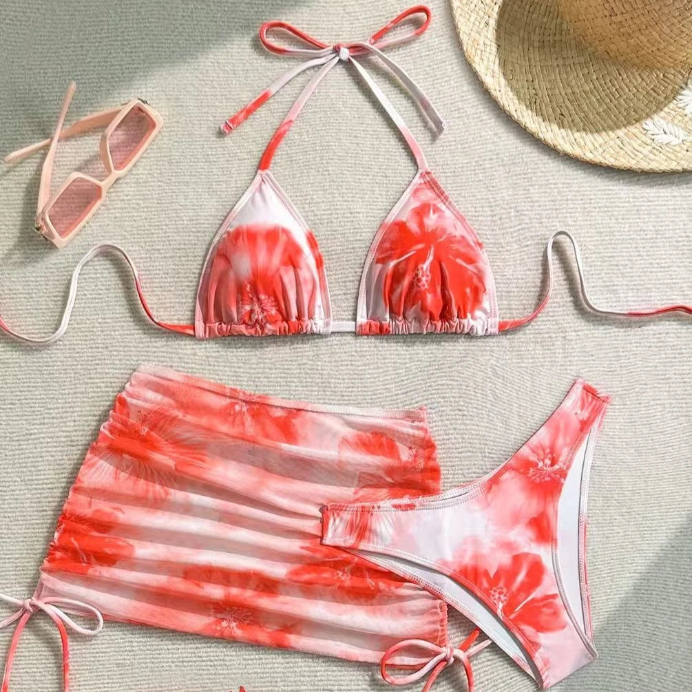 Hibiscus Print Orange and White Bikini with Mesh Skirt Aesthetic