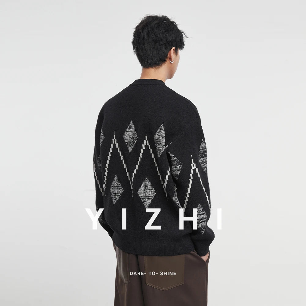Minimalist Streetwear: Men's Oversized Argyle Geometric Knit Sweater