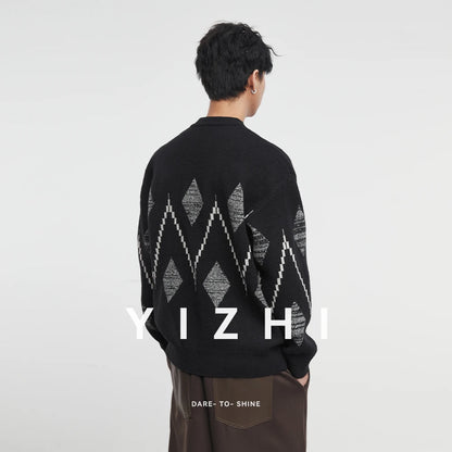 Minimalist Streetwear: Men's Oversized Argyle Geometric Knit Sweater