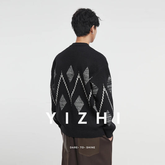 Minimalist Streetwear: Men's Oversized Argyle Geometric Knit Sweater