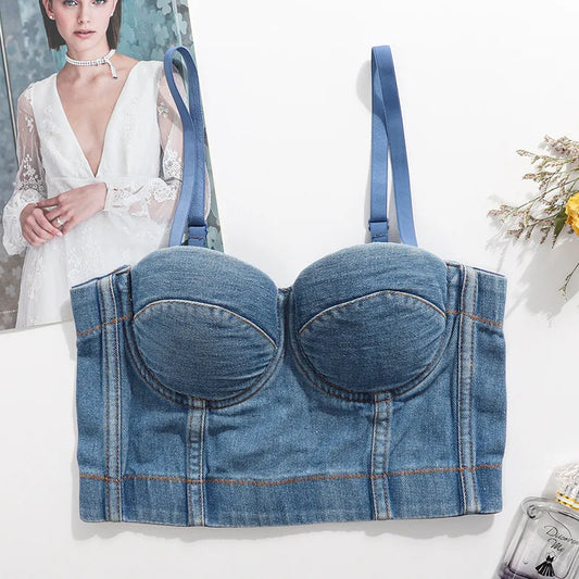Blue Backless Denim Corset Crop Top For Women Off Shoulder Sleeveless Bustier Tank Sexy Elegant Summer Streetwear 2025
