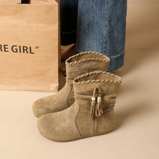 Retro Women S Tassel Short Boots Round Toe Rivet Buckle Flat Ankle Boots Casual Winter Warm Shoes For Women