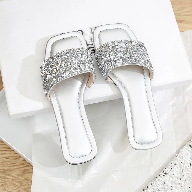 Shiny Rhinestone Design Elegant Flat Slippers For Women