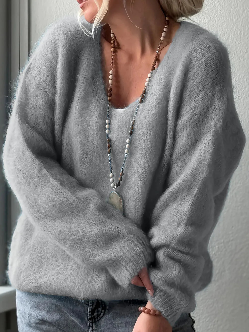 Loose V Neck Loungewear Pullover For Women Autumn Winter Fashion Sweater With Long Raglan Sleeves New Patchwork Solid Ladies Tops