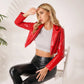 Ladies Long Sleeve Patent Leather Lapel Cropped Coats