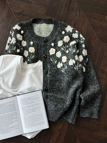 Floral Embroidered Knit Cardigan – Autumn Casual Sweater for Women