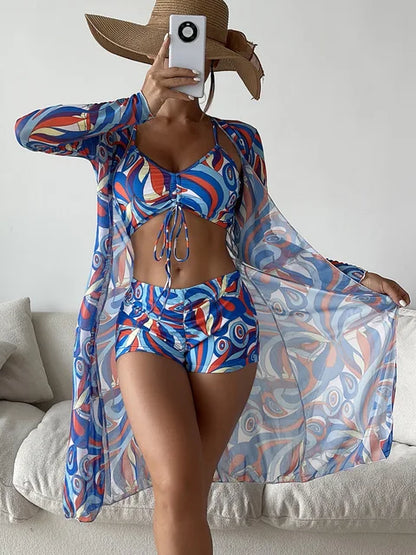 Women's 3-Piece High Waist Bikini Set – Printed Swimsuit with Long Sleeve Smock & Drawstring