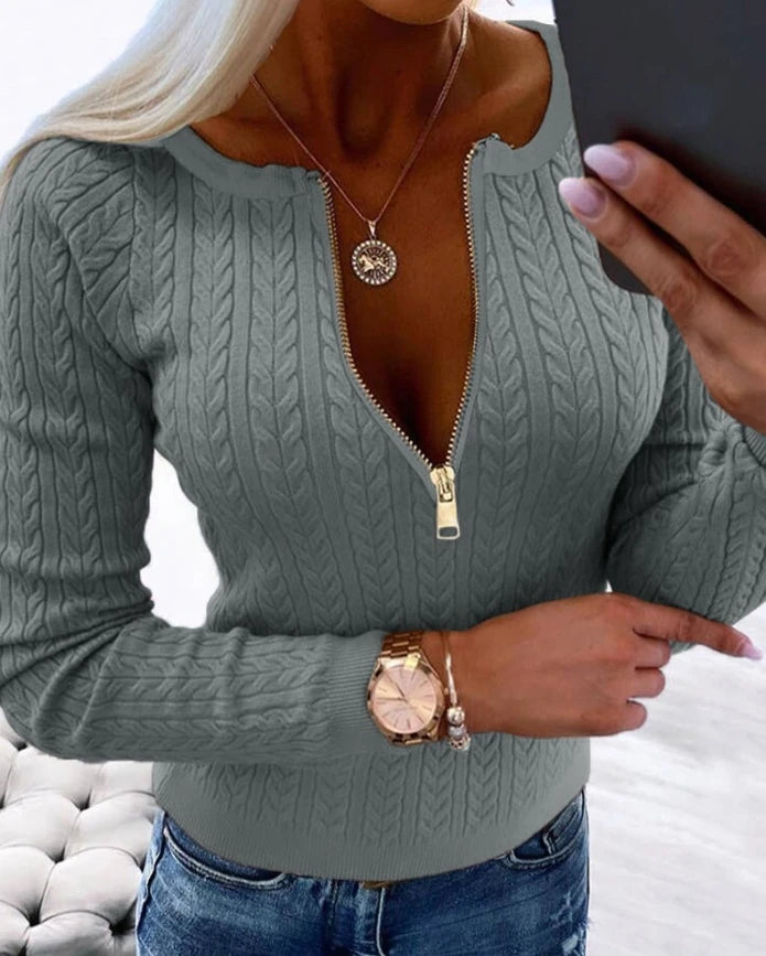 Womens Zipper Large Neck Knitted Sweater