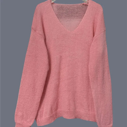 2025 Women S Solid Color Long Sleeved V Neck Cotton Linen Loose Top Fashionable Casual Sweater